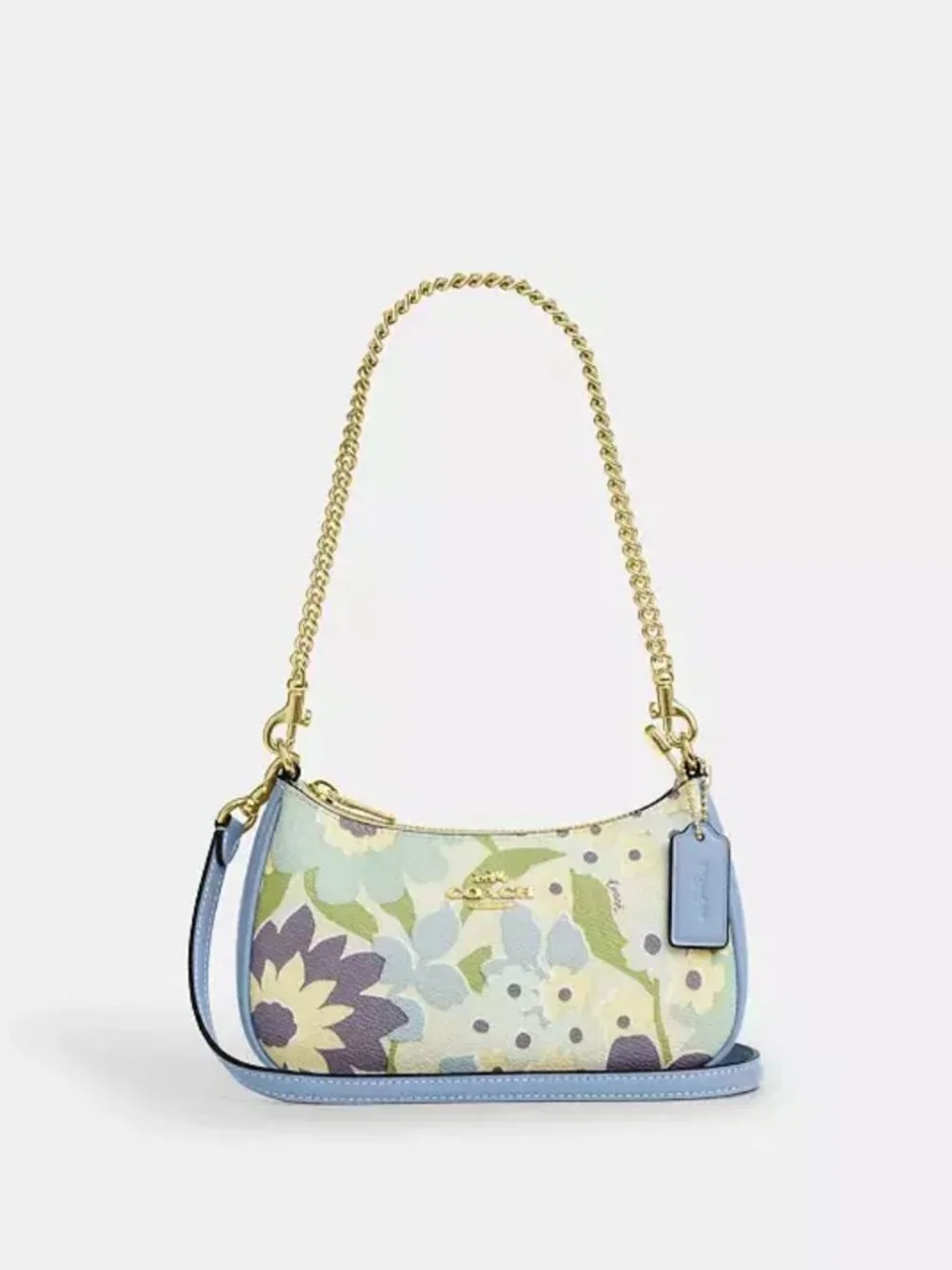 COACH teri mini crossbody bag with floral print. gold/blue bell multi.